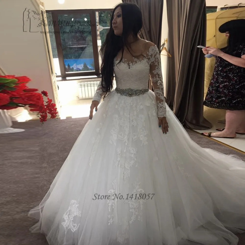 12858 25 De Réductionélégant Manches Longues Dentelle Robes De Mariée Robe De Bal Robe De Mariée 2017 Princesse Diamant Ceinture Robes De Mariée