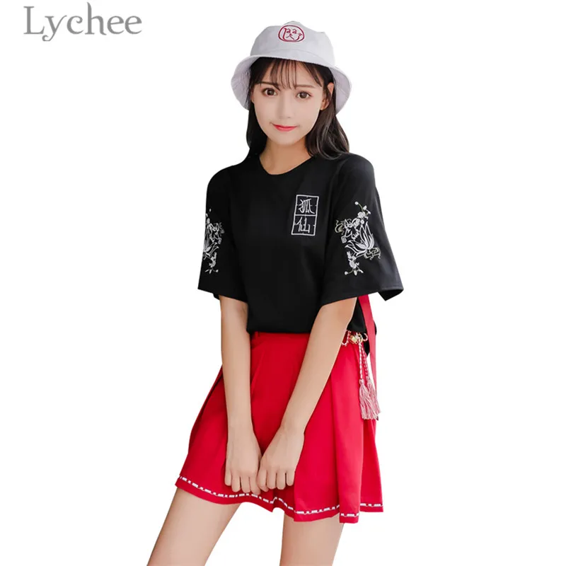 

Lychee Harajuku Fox Embroidery Lace-Up Summer Women T Shirt Ribbons Chinese Casual Short Sleeve O-neck Loose Tee Top Female