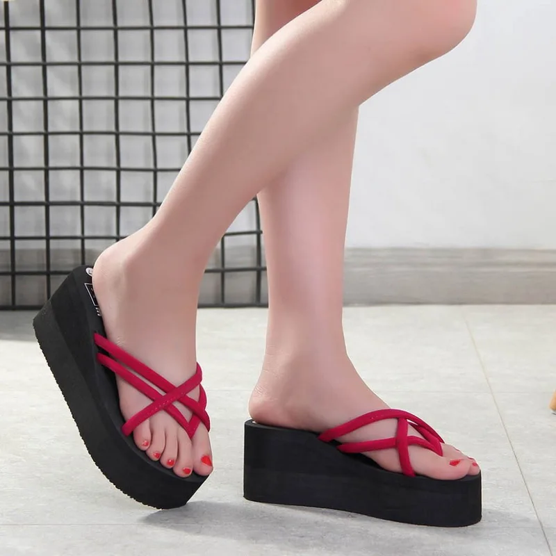

MoneRffi 2019 New Women Summer Non-slip Platform Shoes Wedges High Heel Woman Outdoor Beach Slippers Sandals sapato feminino