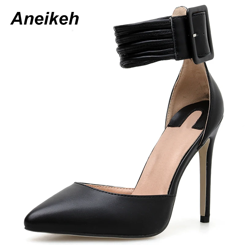 

Aneikeh 2019 Summer Women Sexy Gladiator Pumps Pointed Toe High Heel PU Ankle Strap Thin Heels Dress Shoes Heels Size 35-40