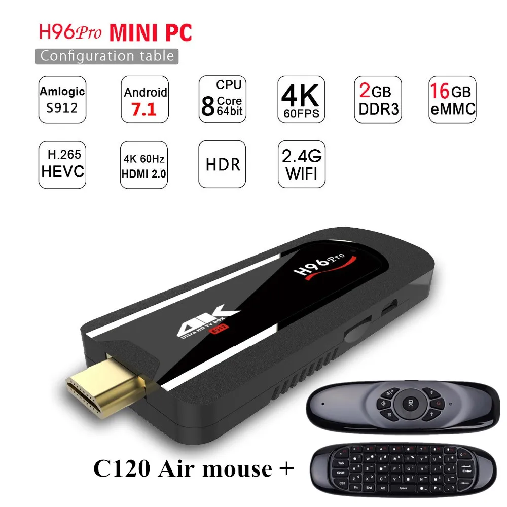 H96 Pro 2G 16G Android 7,1 tv Stick 8 Core Amlogic S912 tv dongle Airplay Miracast H.265 BT4.1 H96Pro Mini Pc W/Fly Air mouse - Цвет: 2G16G with C120