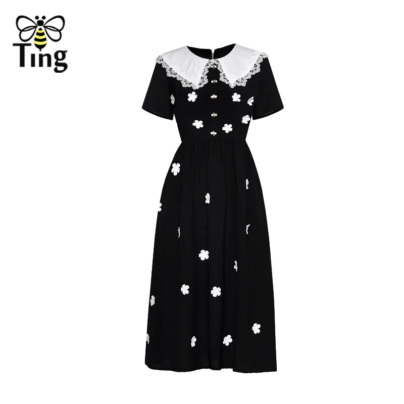 Tingfly осень дизайнер Подиум винтажное платье-миди кнопка в виде пчелы аппликации 3D цветок элегантные вечерние платья Черный Vestidos - Цвет: Черный