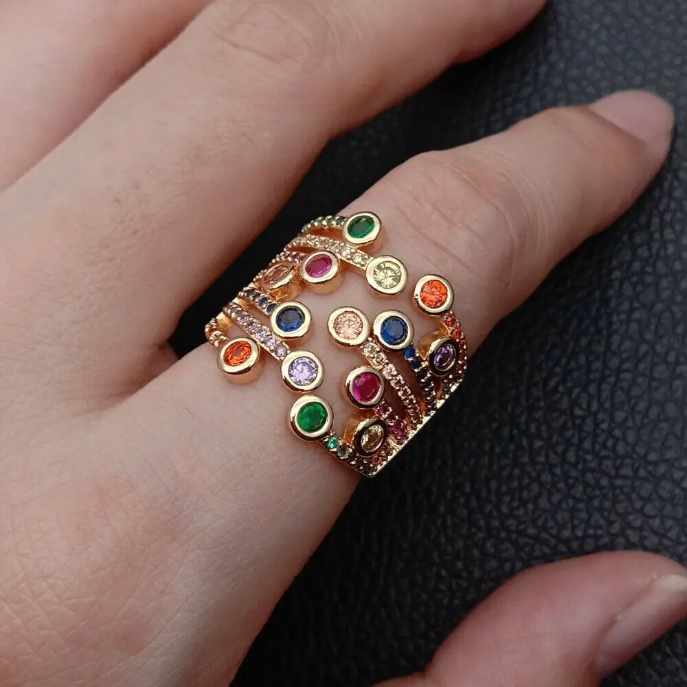 

Big Statement Golden Color rainbow CZ elegance lady Ring resizable