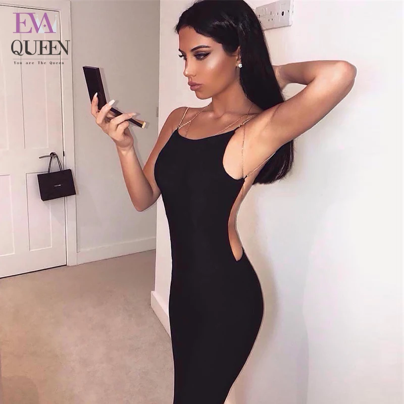 

Tobinoone Popular Metal Chain Dress Sexy sleeveless White Black Slim Dresses Fitted Stretchy Women Bodycon Pencil Dress Femme
