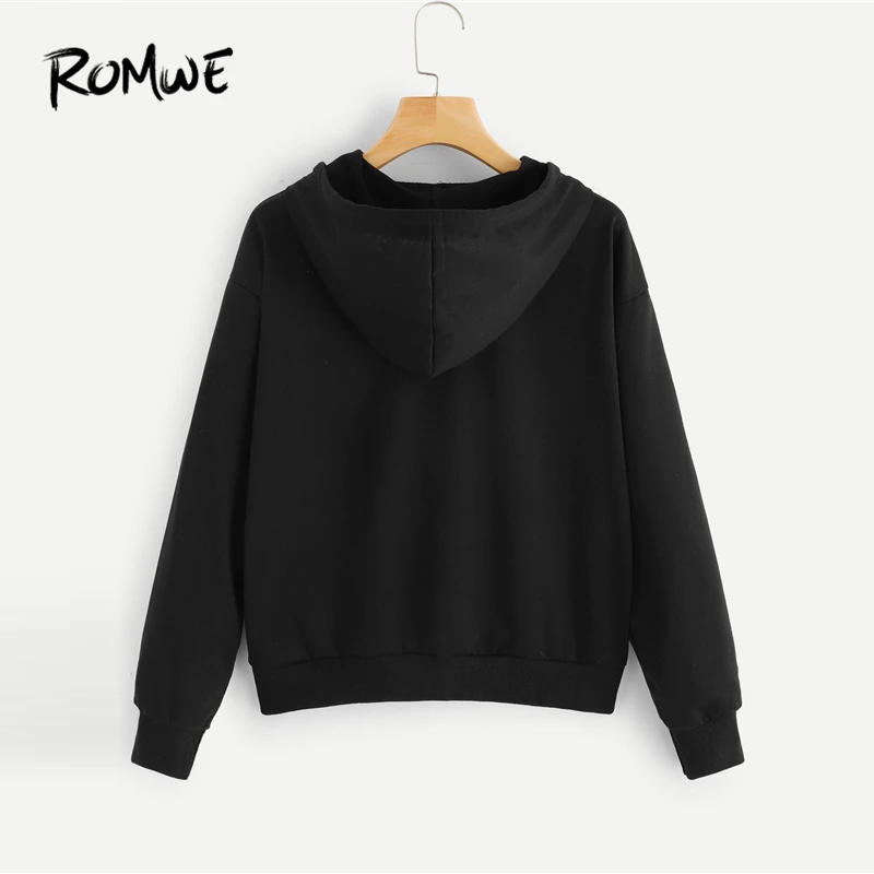  ROMWE Floral Embroidery Hooded Sweatshirt 2019 Black Fashion Women Spring Autumn Sweatshirt Streetw