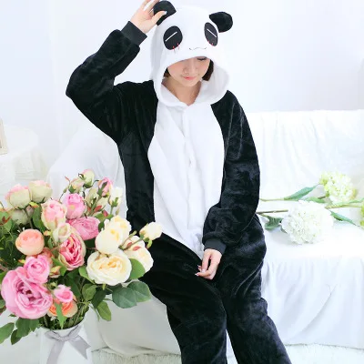 Комбинезон кигуруми с изображением животных тигра для мальчиков и девочек; Пижама для подростков; забавная фланелевая теплая мягкая Пижама; комбинезон; цельный комбинезон - Цвет: Panda 1