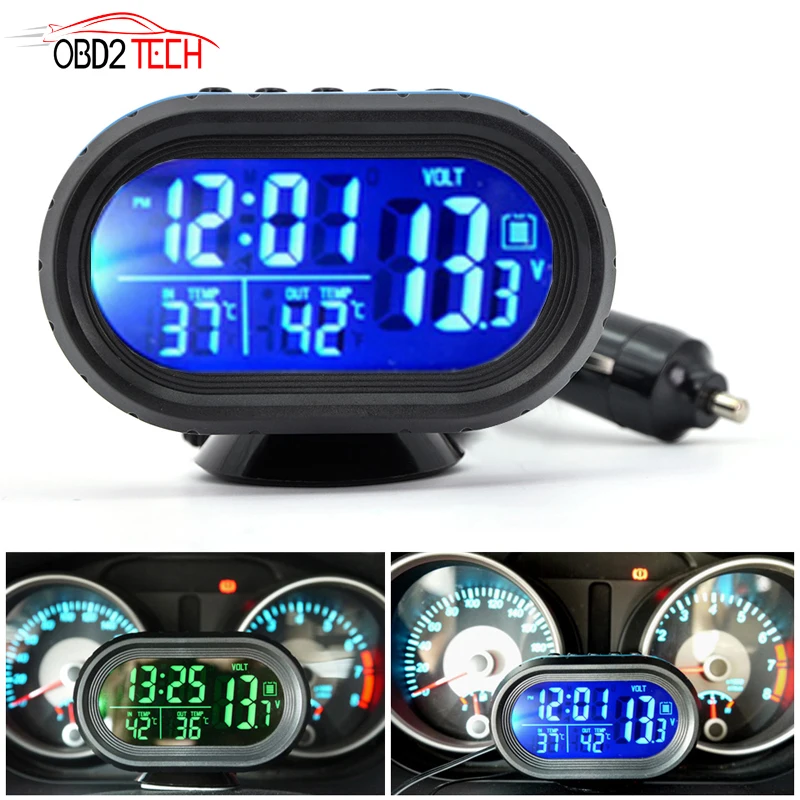 

Digital 12V -24V car Thermometer Voltmeter Voltage Detector Battery Temperature exterior and interior alarm clock LCD digital
