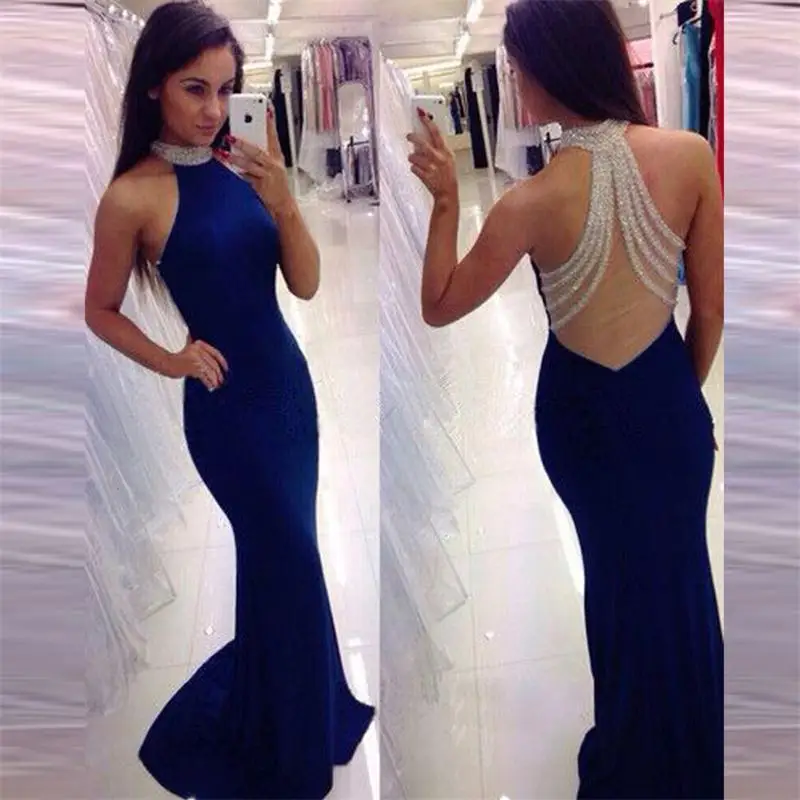 Blue Halter Prom Dress