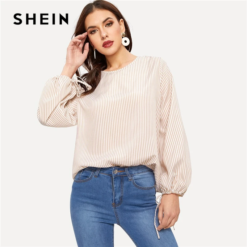 

SHEIN Pink Striped Bishop Sleeve Knot Cuff Casual Blouse Women 2019 Autumn Long Sleeve Drawstring Offiece Lady Blouses And Tops