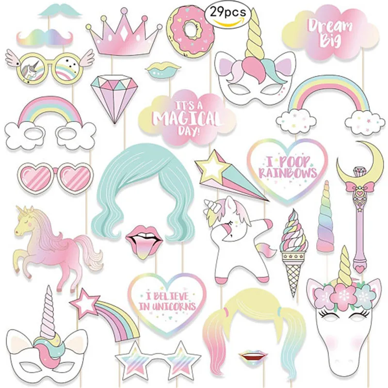 

29pcs Photobooth DIY Unicornio Pony Photobooth Props Unicornio Party Decorations Birthday Party Accessories Photo Props