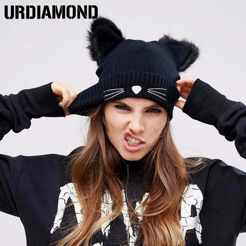 URDIAMOND, зимняя шапка, женская, повседневная, Carttoon Cat, теплая, мягкая, Skullies Beanies, крутая, хеджирующая шапка для женщин, шапка для мальчиков и девочек