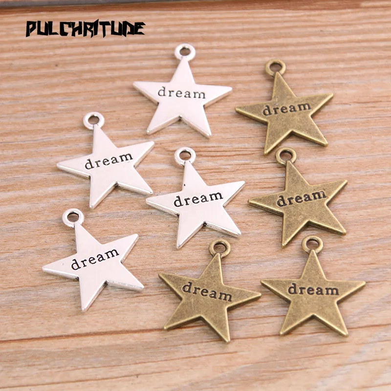 

PULCHRITUDE 10PCS 20*23mm Two Color Two-sided Pentagram Charms Letter dream Pendant Jewelry Metal Alloy Jewelry Marking