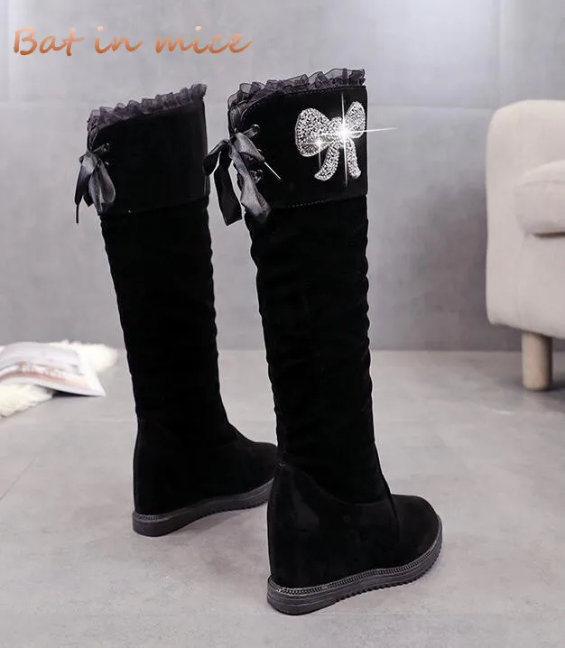 

fashion women casual flock mid heel Knee high boots Shoes women Female winter warm Increase black winter Snow Boots mujer G125