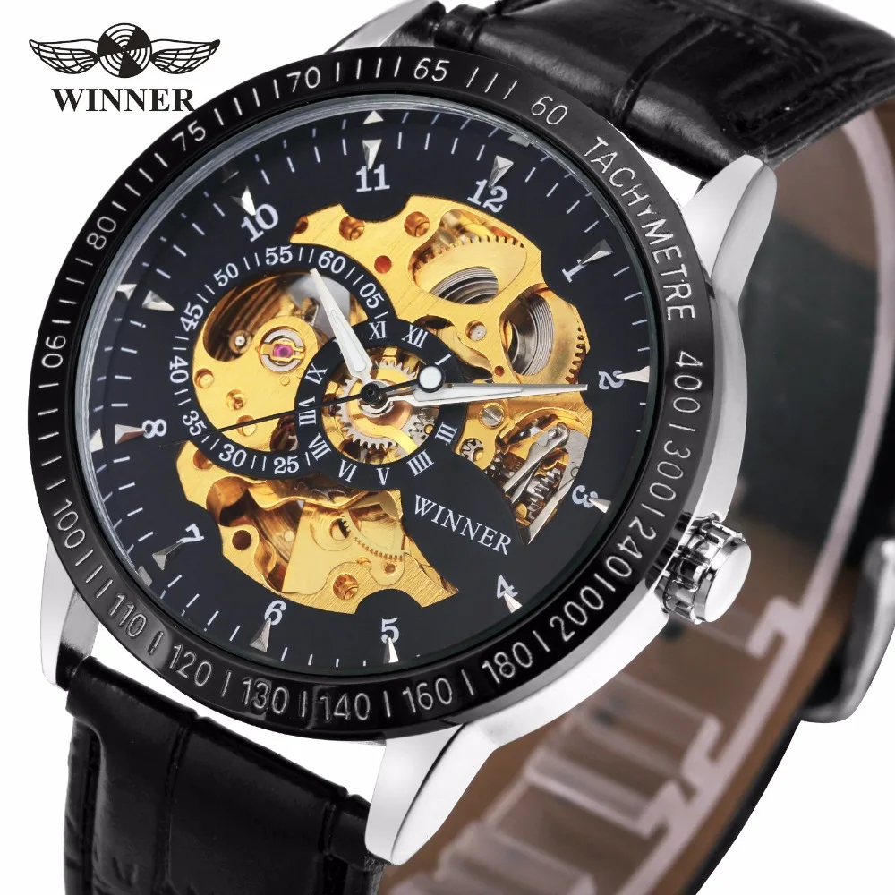 

2018 WINNER Men Casual Mechanical Watch Leather Strap Sub Dial Roman Number Skeleton Movement Black Dial Design + GIFT BOX