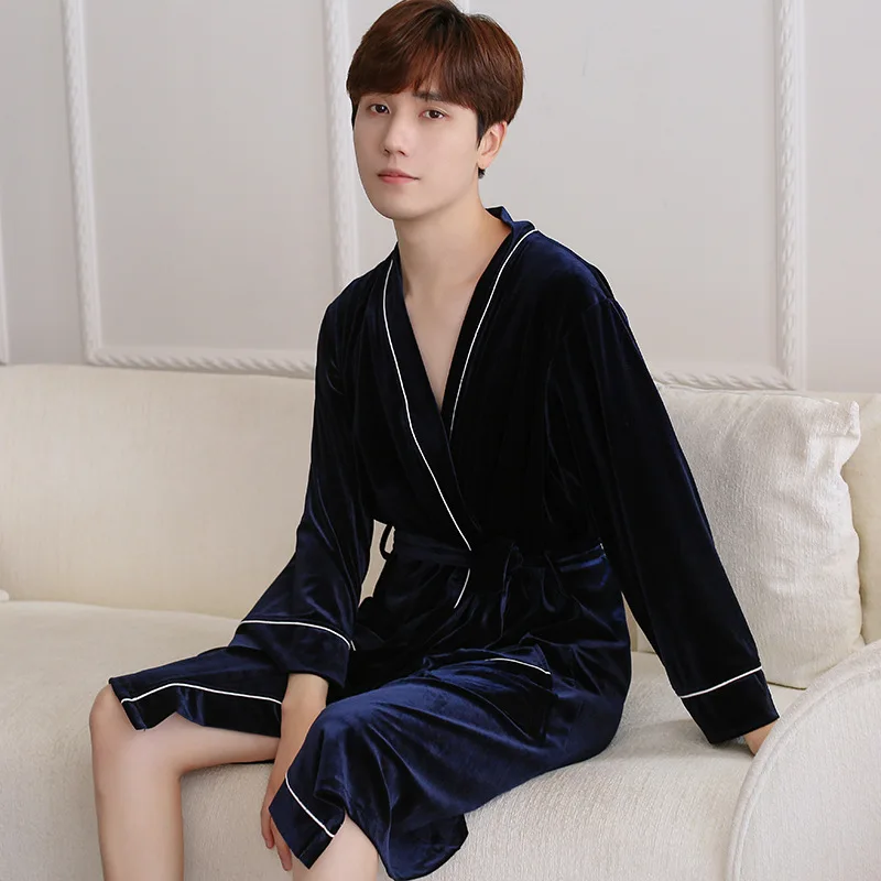 Autumn winter gold velvet women/man bathrobe solid mid length lovers kimono robe - Цвет: Man