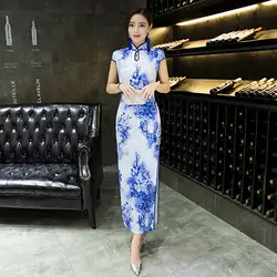 Синий и белый фарфор Cheongsam долго Qipao Для женщин платья традиционное китайское платье Китай Костюмы магазине халат chinoise