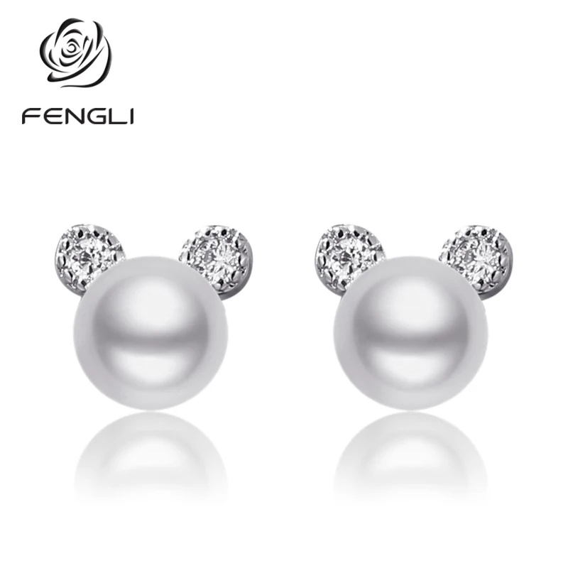 

FENGLI Pearl Tiny Mickey Stud Earrings Romantic Mouse Earring for Women Crystal Zircon Studs Ear Jewelry Lucky Prevent Allergy