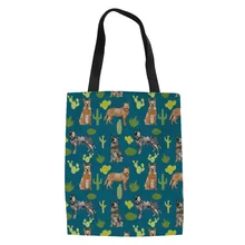 Цветные Милые щеночки с изображением австралийской овчарки с цветочным принтом, Женская холщовая Льняная сумка, большая сумка для покупок, продуктовая тканевая сумка-тоут