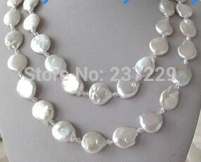 

Wholesale price FREE SHIPPING ^^16mm White Coin Pearl&Clear Crystal Necklace 14KGPGP 40