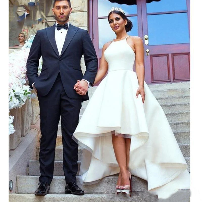 US $56.01 Modest Simple Wedding Dresses Hi Low Halter Neck Satin ALine Sleeveless Cheap Wedding Party Formal Beach Bridal Gowns