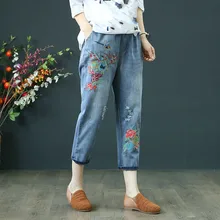 Для женщин летние штаны повседневные штаны для дам Винтаж рваные эластичный пояс вышивка деним теленок Длина джинсы плюс Размеры
