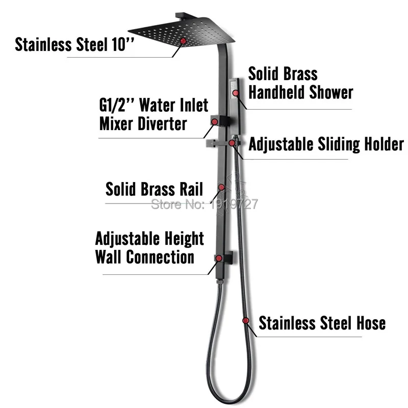 BagnoLux Solid Brass Bathroom 8" Rainfall Handheld Shower Head Sliding Rail Set Matte Black Mixer Tap Diverter