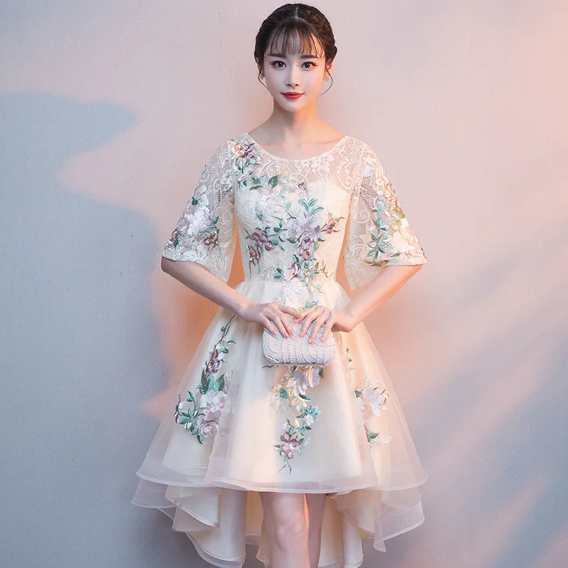 Robe de soiree кружевное вечернее платье цвета шампанского с аппликацией короткое