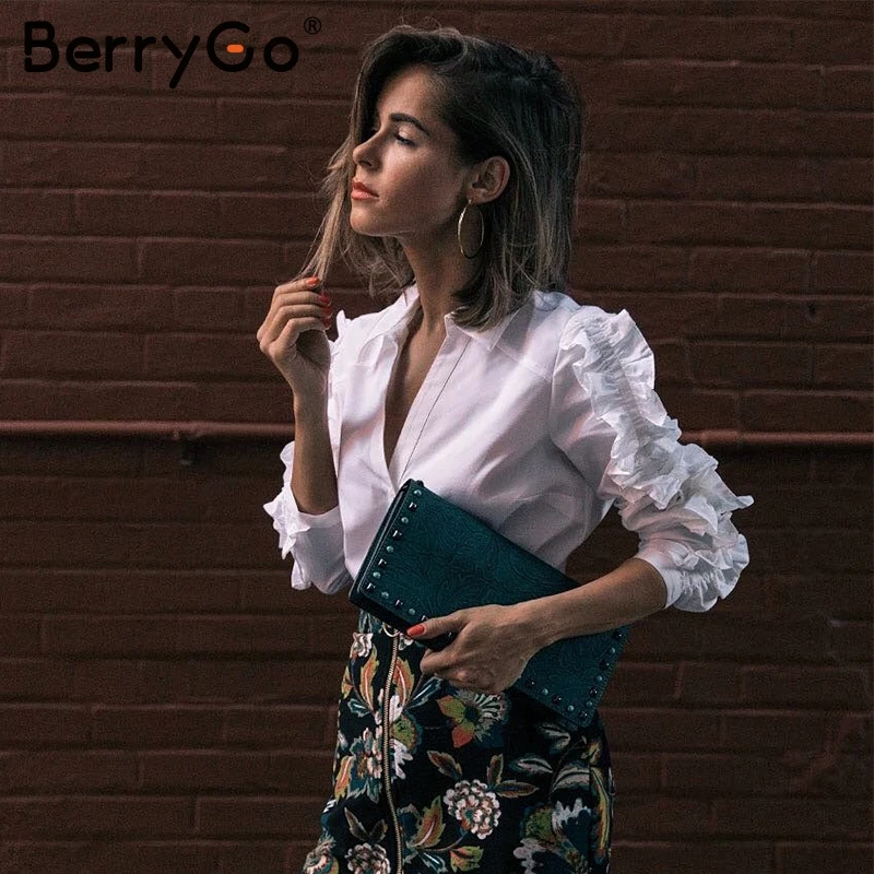 Berrygo оборками Длинные рукава белая блузка Женская Весенняя Кнопка V шеи офис