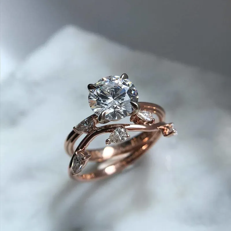 

Huitan 2019 New Eternity Leaf Ring Sets With CZ Prong Setting Rose Gold Color Korean Jewelry Engagement Wedding Rings For Women