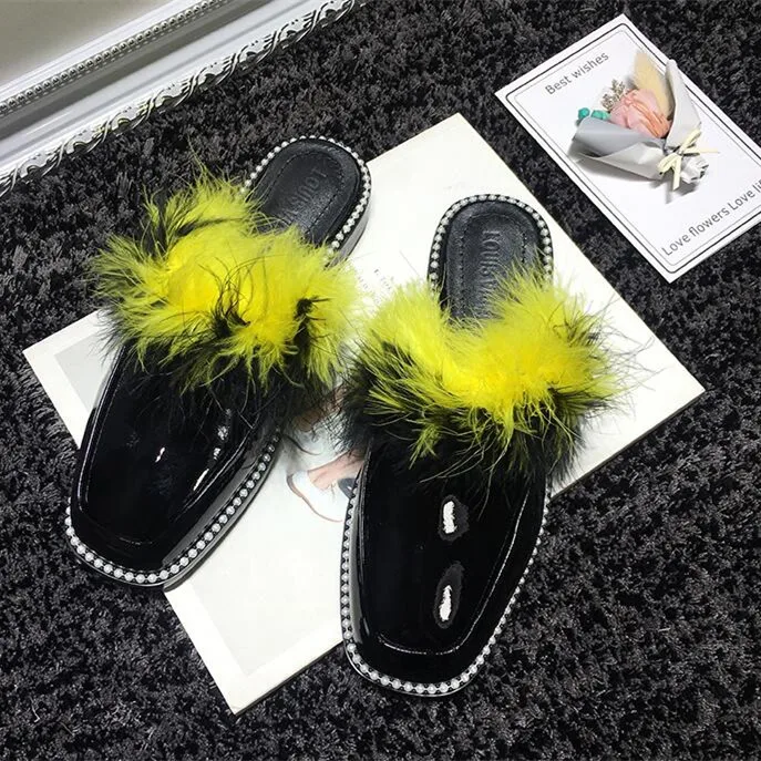 

zapatos de mujer 2018 Shoes Woman Leather Slippers Low Heels Square Toes Ostrich Feather Crystal Slippers Flats sapato feminino