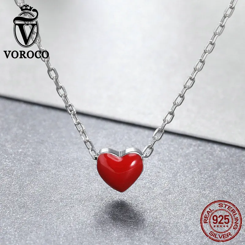 VOROCO Крошечный Кулон в виде красного сердца ожерелье s для женщин чокер милый эмаль 925 пробы серебро Длинная цепочка на шею ожерелья VSN050