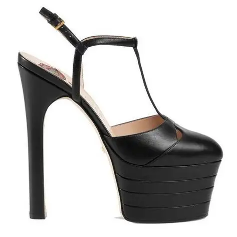 Подиумные босоножки из натуральной кожи с ремешком на лодыжке на высоком каблуке летние женские босоножки на платформе женская обувь на тонком каблуке с закрытым носком 34-43 - Цвет: black