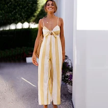 Verano de las mujeres rayas monos sexy vacaciones Correa pantalones suelta bohemio amarillo vintage casual oficina sin respaldo de pierna amplia overoles