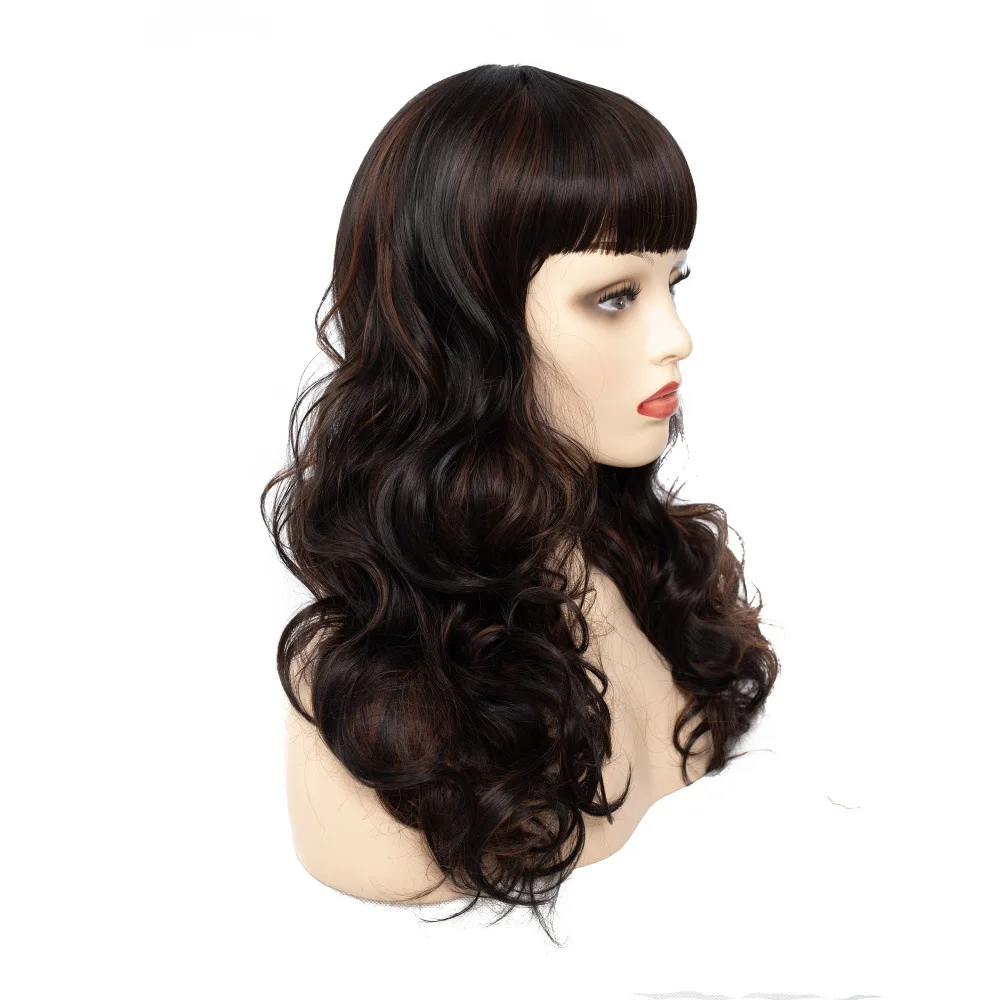 

jeedou Long Wavy Hair Wig Dark Brown Mix Color with Bangs 55cm 210g Synthetic Real Natural Bohemian Style Wigs For Women