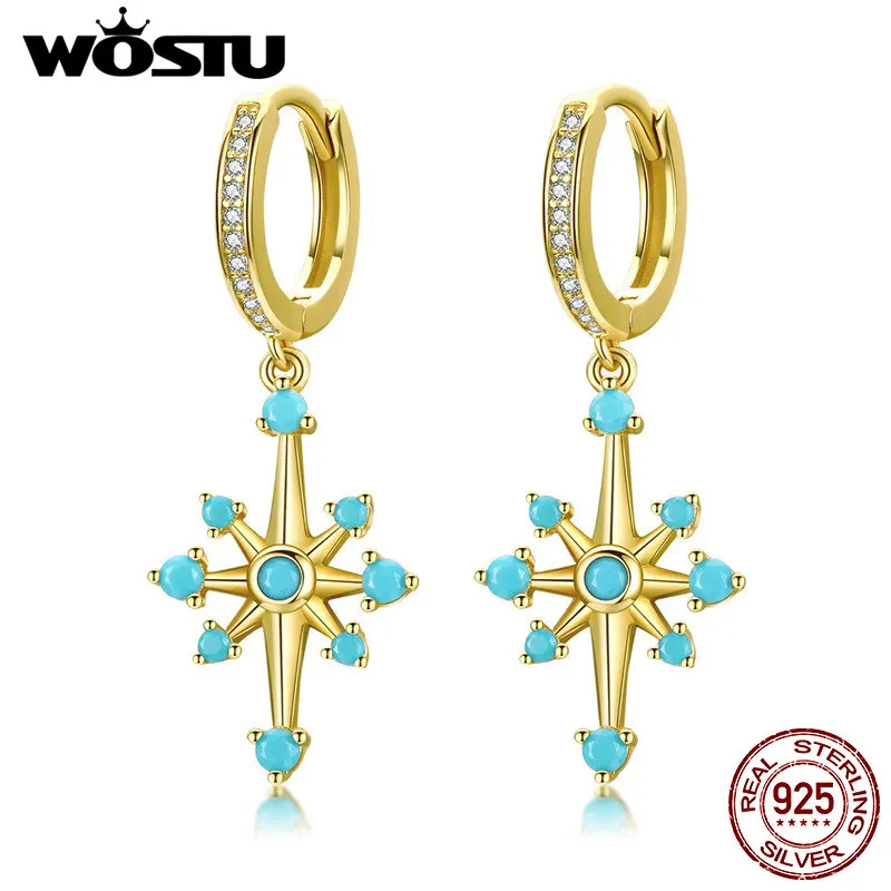 

WOSTU 100% Real 925 Sterling Silver Mango Drop Earrings Simple & Lovely Godlen Hexagram Star With Blue Shine Earrings CQE680