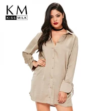 Kissmilk/ женская одежда большого размера, свободное Повседневное платье-рубашка с длинными рукавами, одноцветное базовое Стильное женское платье большого размера 4XL 5XL 6XL