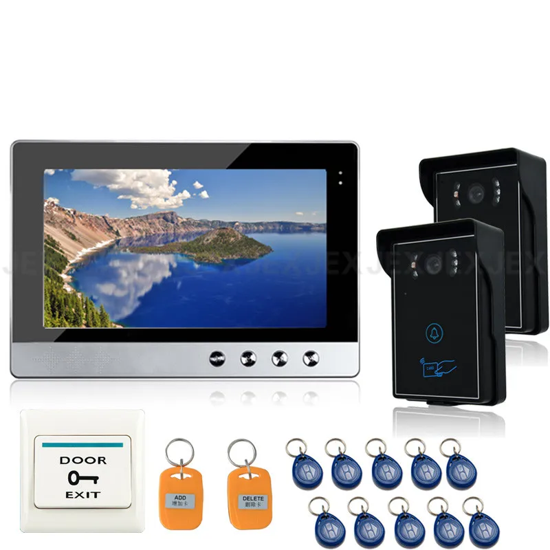 

JEX 10`` color video doorphone doorbell speaker intercom system kit 1 monitor + 2 Waterproof RFID access control COMS Camera 2V1
