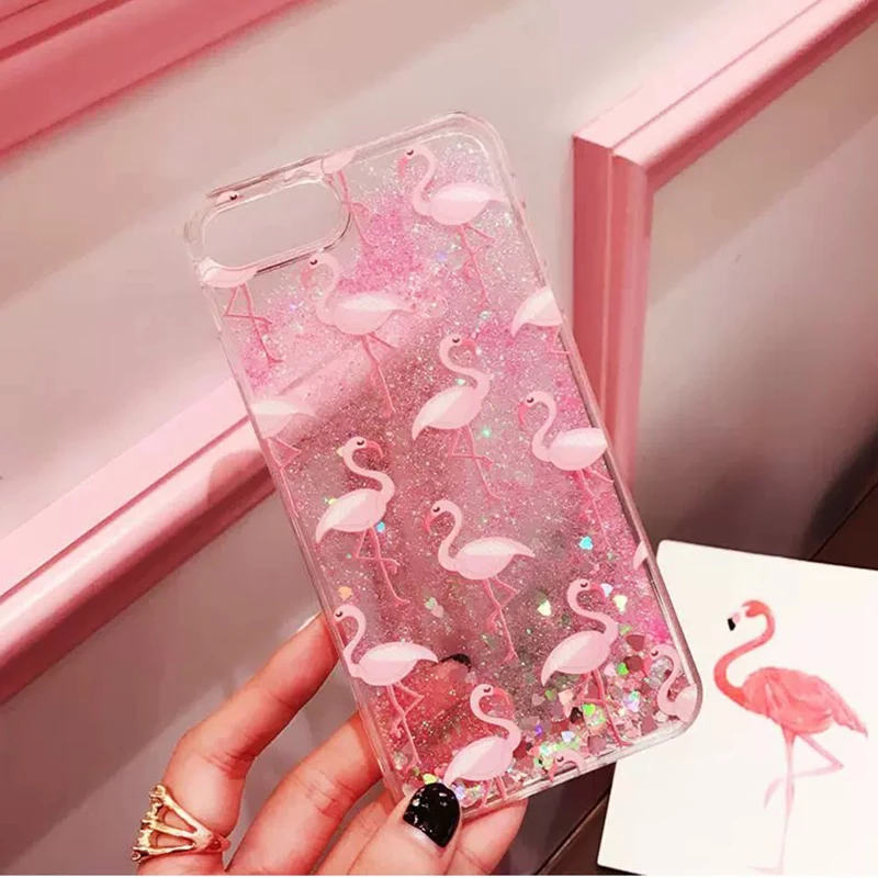 

Pink Dynamic Flamingo Liquid Quicksand Phone Cases For iPhone 6 6s 7 8 Plus Bling Silicone Cover Case For iPhone X Back Cover