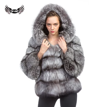

BFFUR Luxury Whole Skin Silver Fox Fur Coat Thicken With Hood Warm Winter For Women's Jackets 2018 New Arrival Real Fur