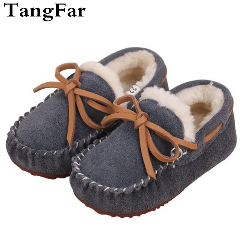 

Children's Genuine Leather Plush Moccasins Bowknot Thickening Boy Girl Anti-slip Footwear Promotion Size 21-30