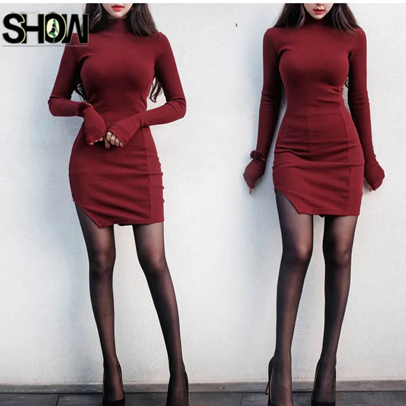 

Winter Basic Mini Dresses Hot Sales Women Korean Style Design Sexy Bodysuit Bandage Bodycon Pencil Dress Little Black Dress 8911