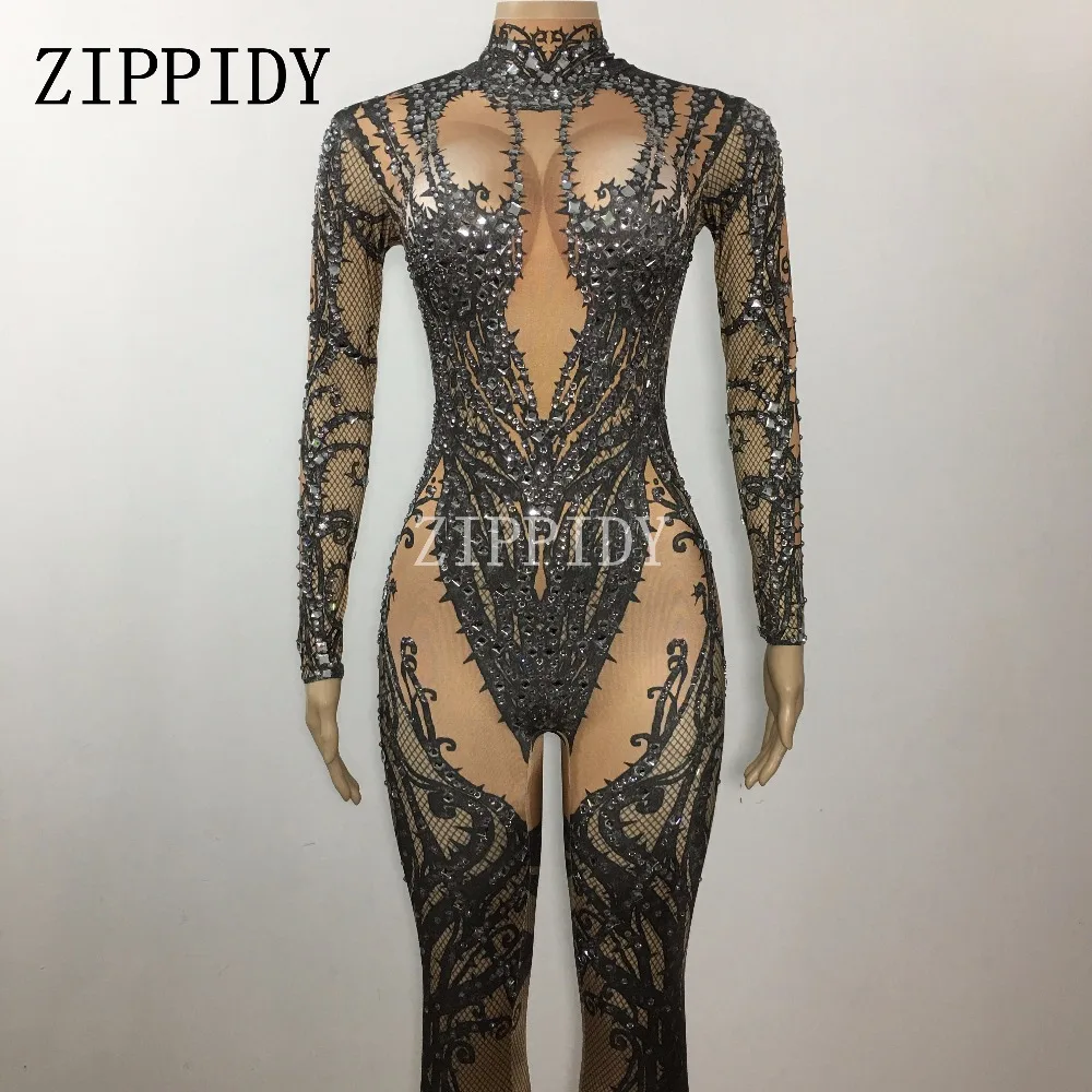 Sexy Black Nude Rhinestone Jumpsuit Sexy Nightclub Bar Wear Stones Bodysuit Leggings Prom Celebrate Outfit Performance Dress