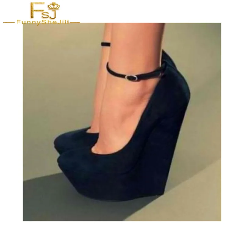 

Women Shoes Ladies Pumps 2018 Spring Autumn Black Closed Toe Wedges Ankle Strap Suede Platform Big Size 44 45 46