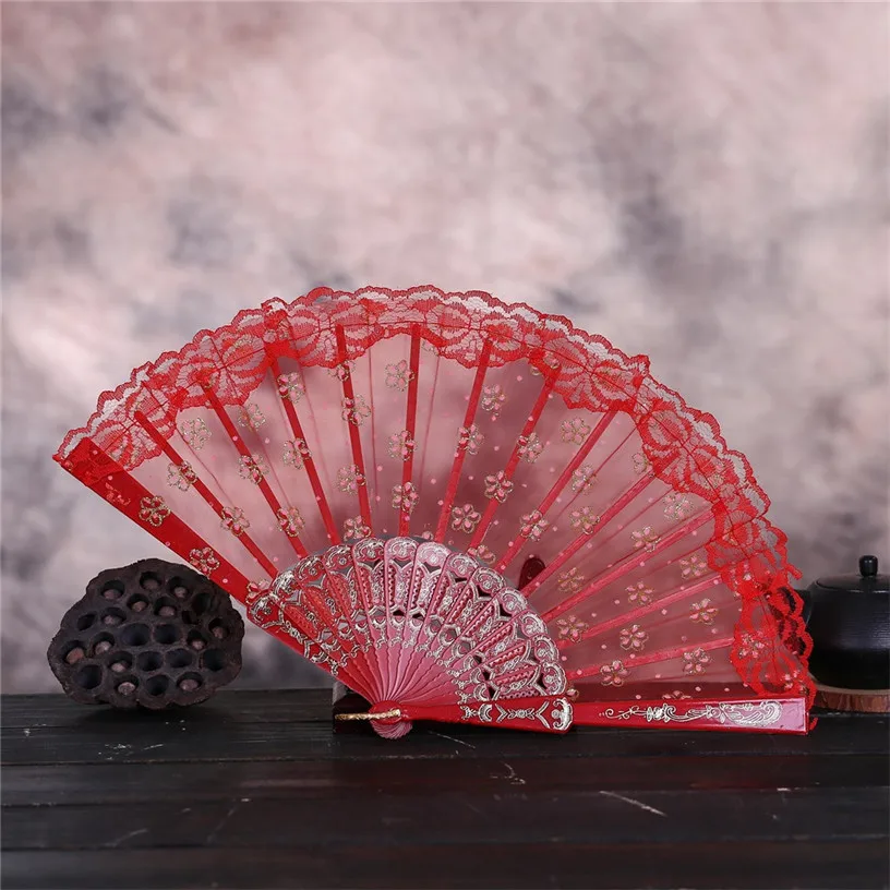 

Lace Silk Folding Hand Held Chinese Style Flower Decorative Fan Wedding Dance Dress Accessories Han Costume Show Fan J1