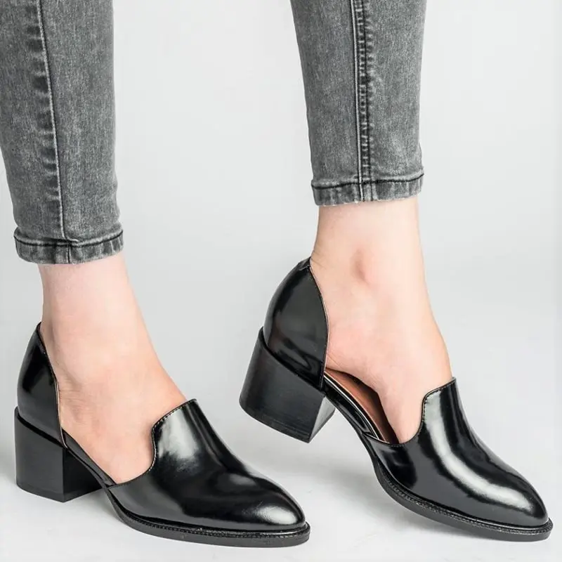 Г. Модная обувь женские весенние туфли с острым носком на низком квадратном каблуке, женские туфли-лодочки с вырезами, большие размеры 35-43, WSH3331 - Цвет: Черный