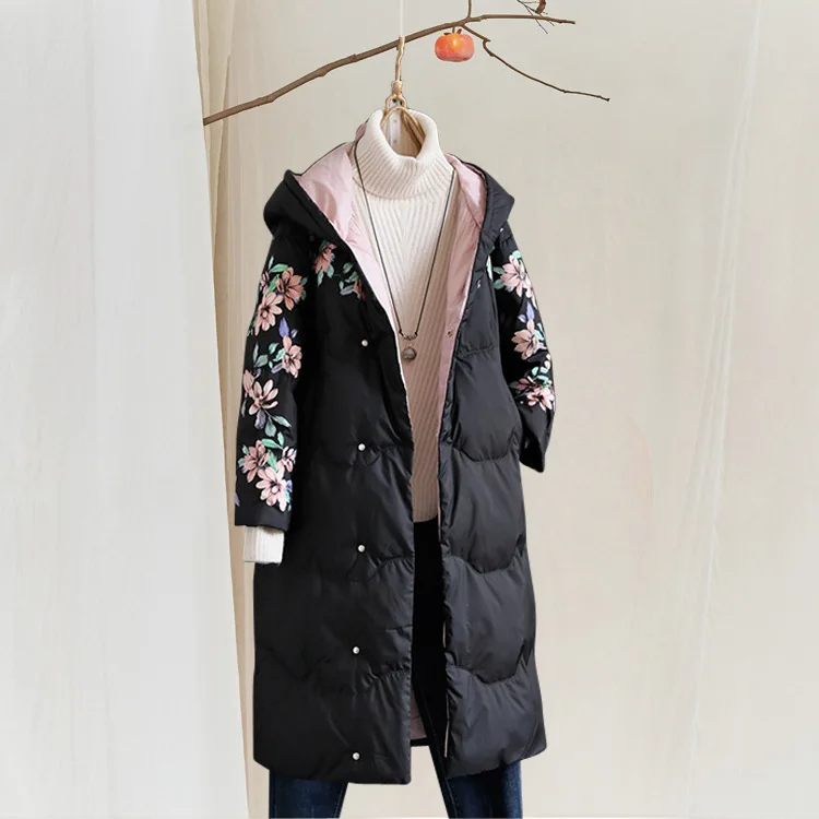 Literary Retro Down Jacket Printing Loose Long Hooded Down Jacket Coat Women Winter White Black Literary Retro Down Jacket Printing Loose Long Hooded Down Jacket Coat Women Winter White Black