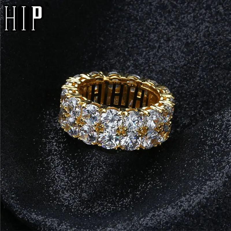 

HIP Hop Two Row Charm Iced Cubic Zircon Ring Gold Color Copper Rings for Men Jewelry US Size 7-11 Dropshipping