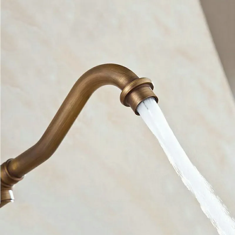 Vintage Retro Antique Brass Wall Mounted Dual Cross Handles Swivel Kitchen Bathroom Sink Basin Faucet Mixer Tap aan024