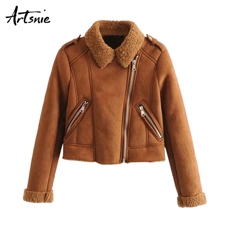 

Artsnie Autumn 2018 Caramel Suede Short Jackets Women Streetwear Turn Down Collar Thick Winter Biker Jacket Girls Chaqueta Mujer