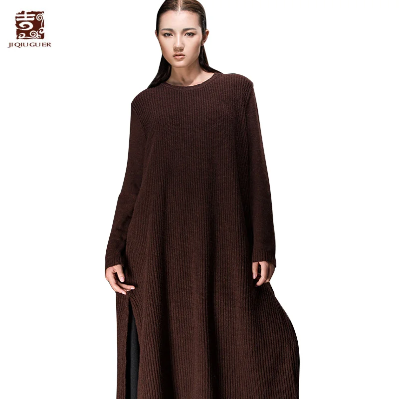 Jiqiuguer Women Solid Sweater Dress Vintage O Neck Full Sleeve Loose Long Autumn Winter Vestidos Lady